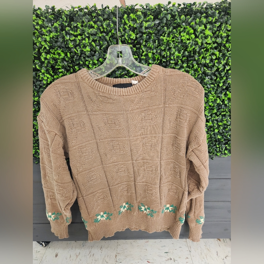 Vintage Eskimo Knitwear Made in England Cream Green Flower Rose Print Sweater